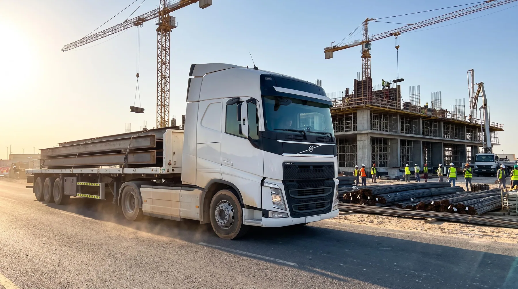 Decent Way flatbed delivering steel to an Abu Dhabi construction site