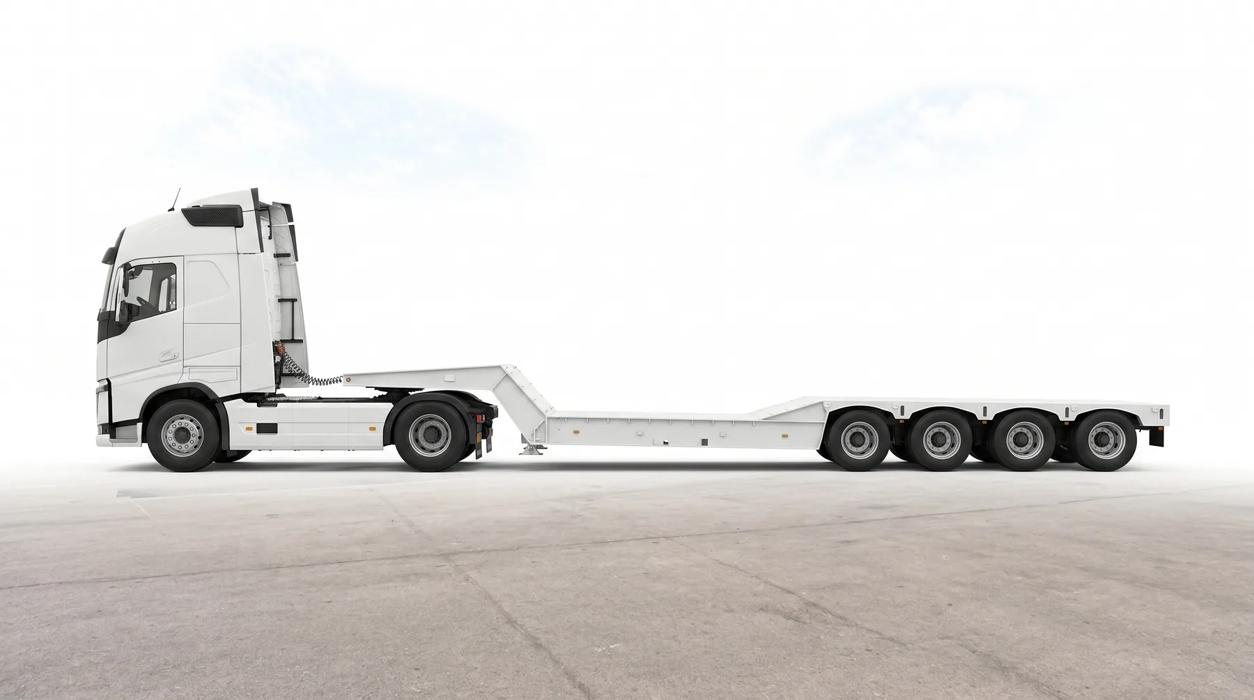 White four-axle lowbed trailer from the Decent Way fleet
