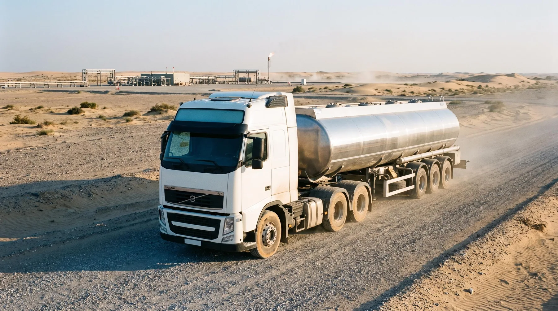 White tanker on a desert access road to an oil and gas facility