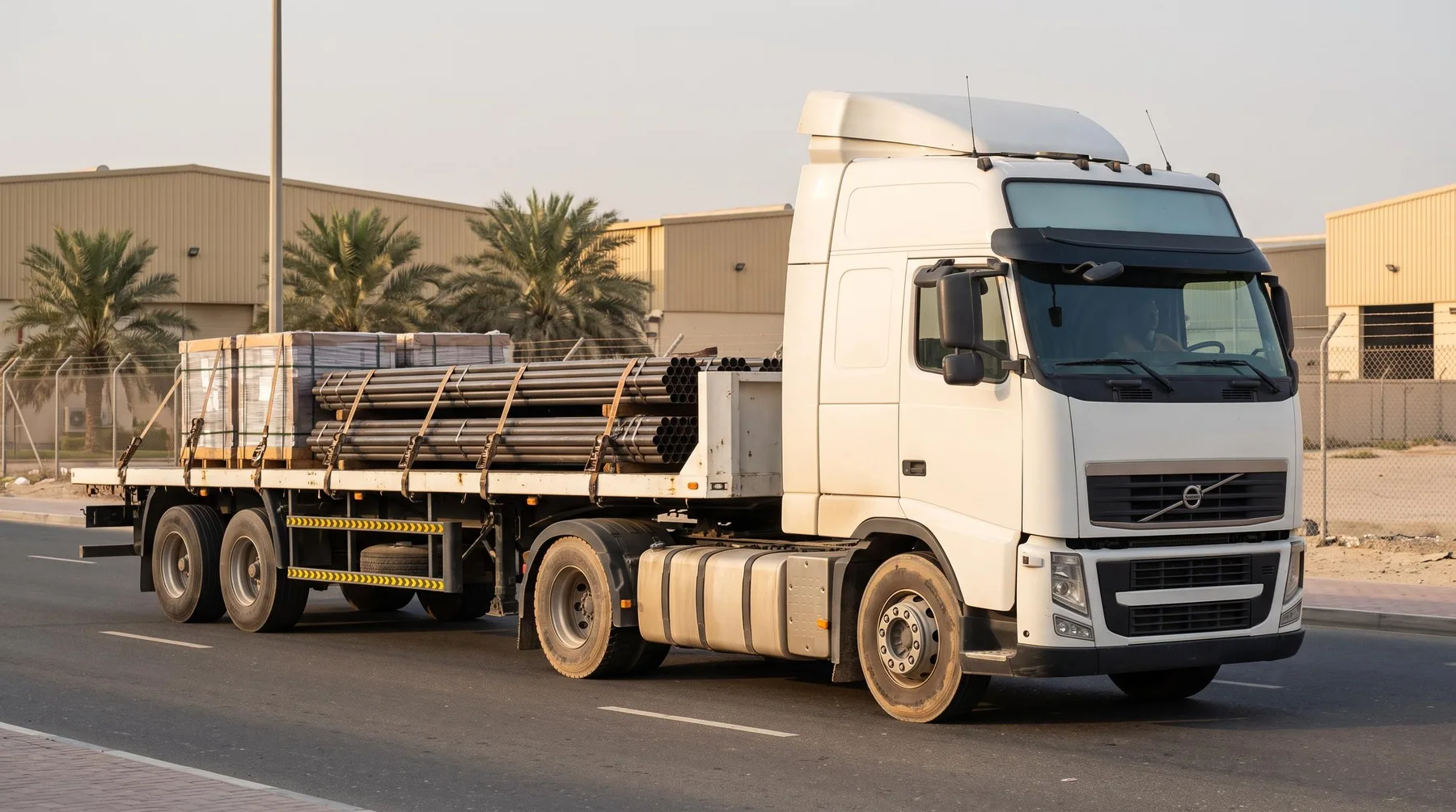 White flatbed trailer carrying oilfield cargo