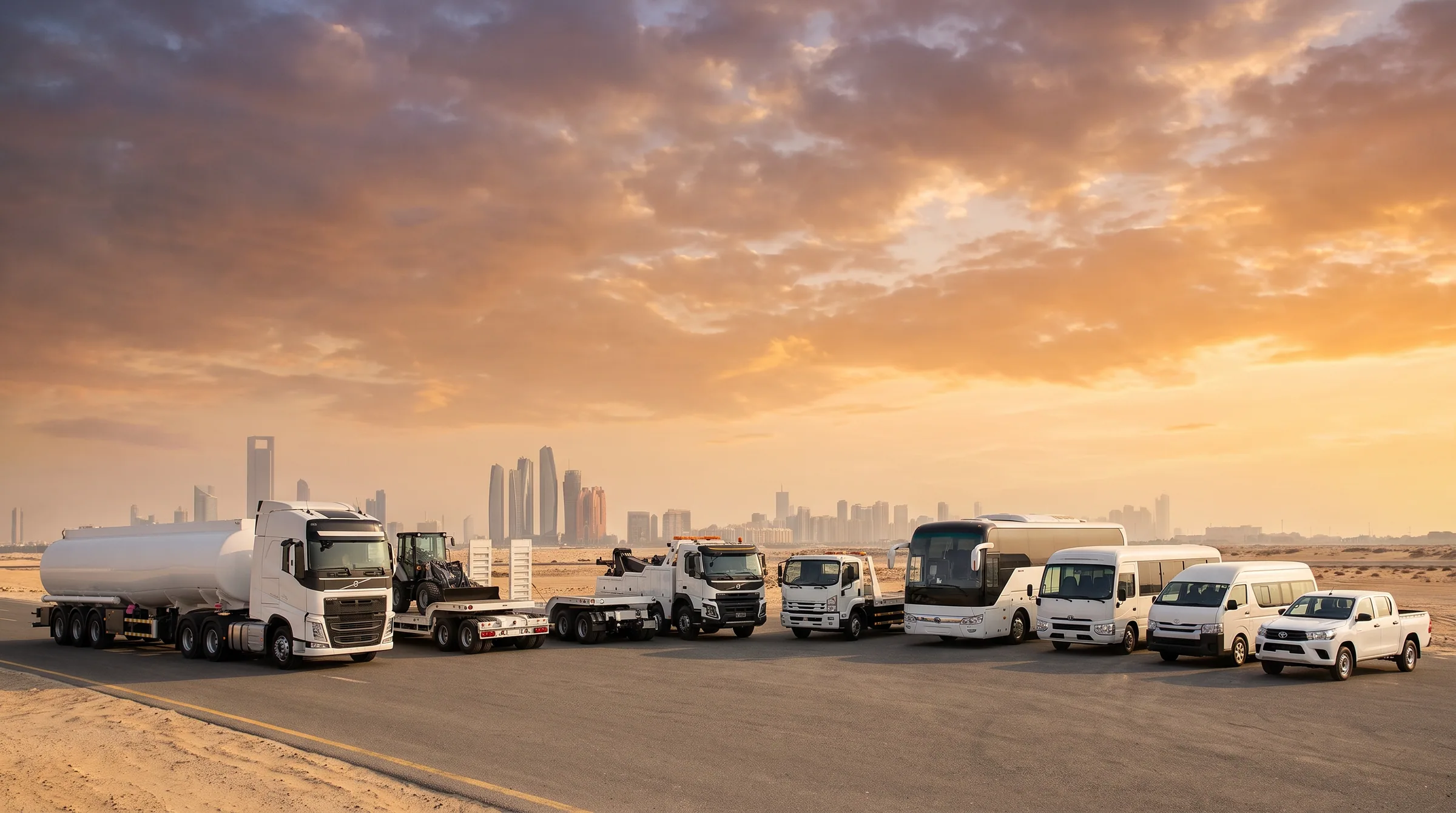 The full white Decent Way fleet — tankers, trailers, lowbeds, recovery, buses and pickups — lined up against the Abu Dhabi skyline