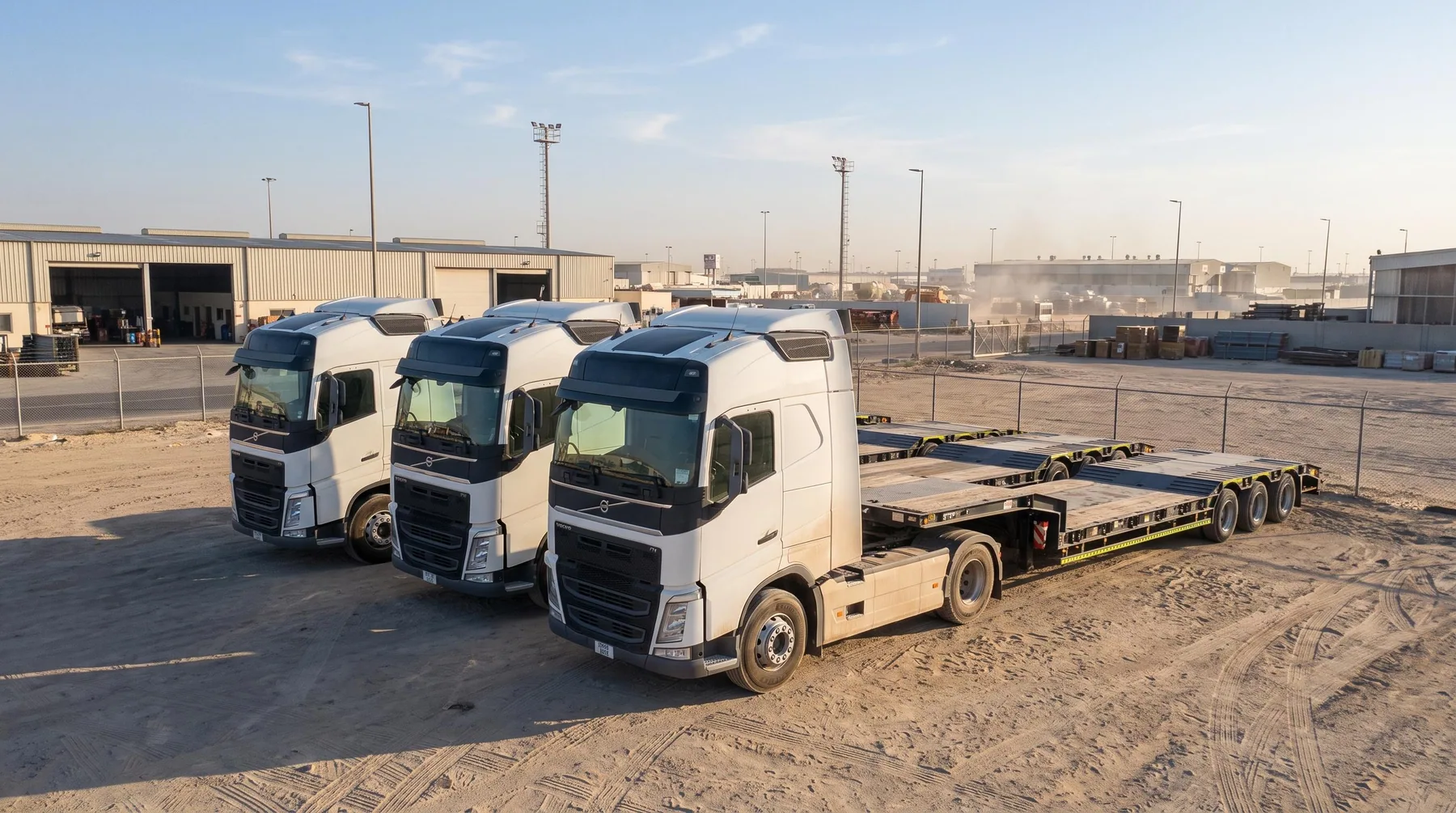A row of white Decent Way trailers of different types