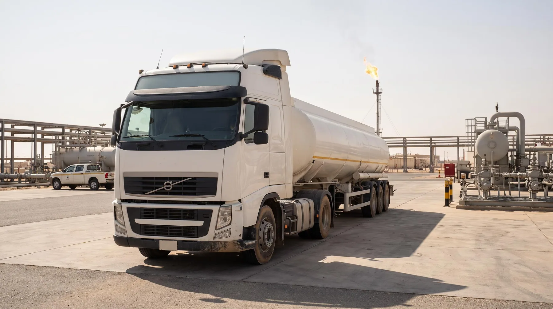 White tanker at an oilfield gathering station in Al Dhafra