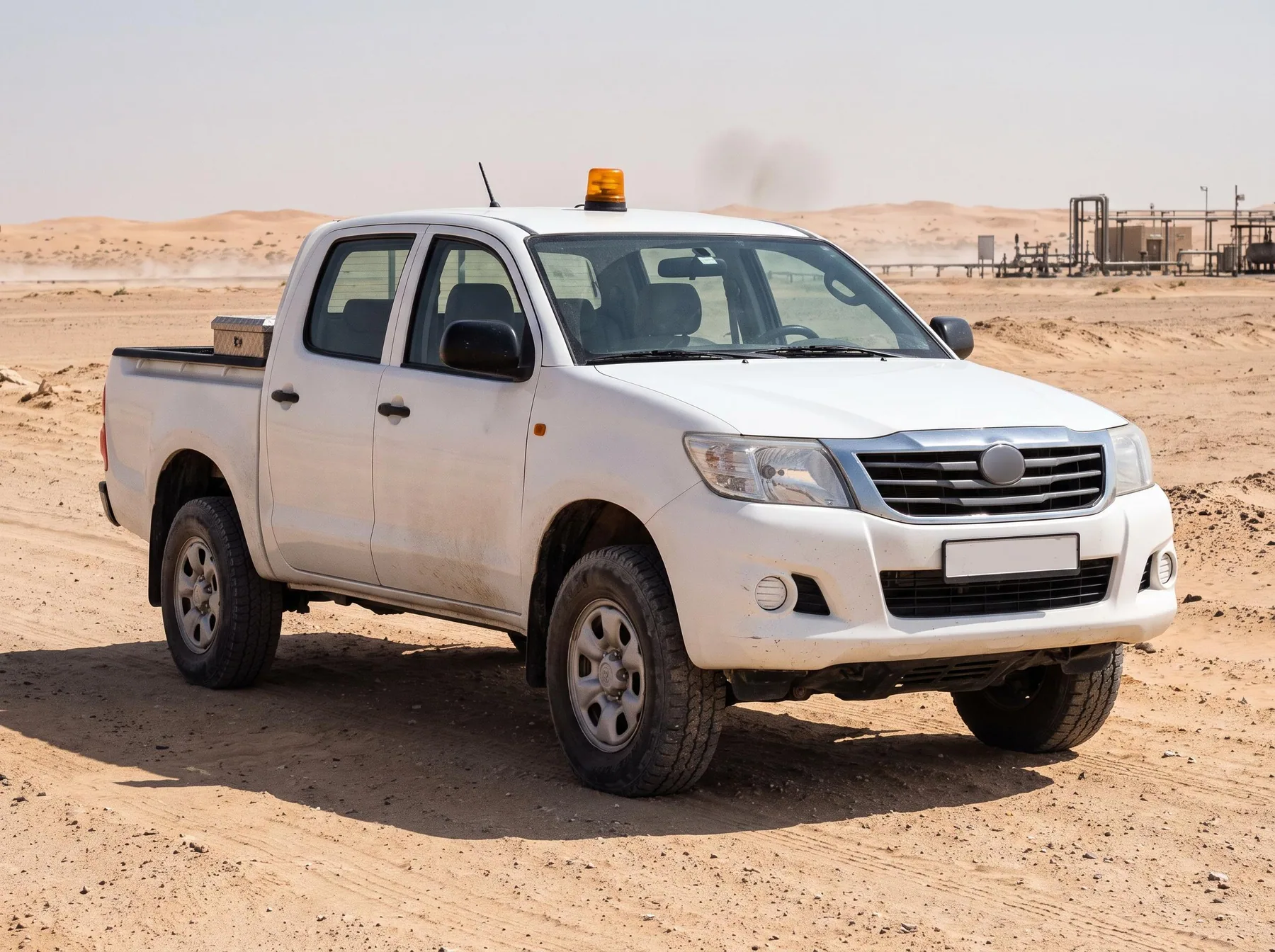 White double-cabin pickup on a UAE desert track