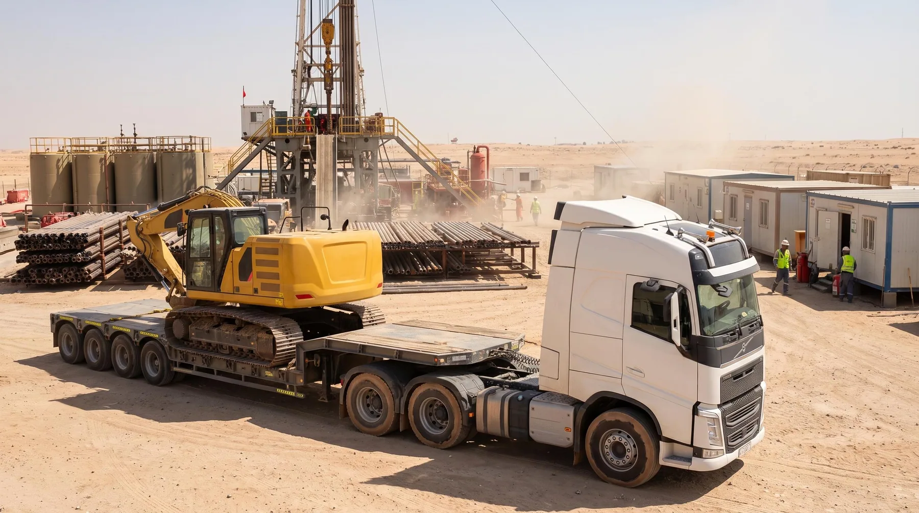 Decent Way tractor and lowbed at an active desert drilling site